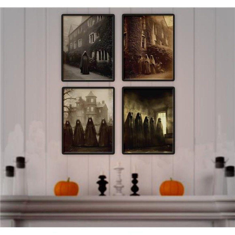 Vintage Halloween Spooky Victorian Hooded Cloak Figures Photos Wall Art 4 Prints
